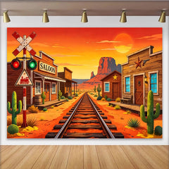 Lofaris Cartoon Wildwest-Hintergrund mit Eisenbahn und Saloon, Wüstenlandschaft Fotokulisse für Kinderparty und Fotoshooting
