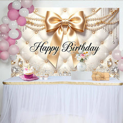 Lofaris Eleganter Happy Birthday Hintergrund mit goldener Schleife und Perlen, luxuriöse Fotowand für festliche Anlässe und Fotoshootings