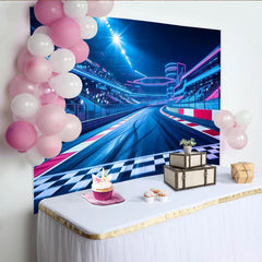 Lofaris Dynamischer Rennstrecken-Hintergrund mit leuchtenden Neonlichtern und Ziellinie, futuristische Fotokulisse für Sportevents