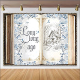 Lofaris Vintage Märchenbuch Fotohintergrund mit blauen Blüten und Waldhaus, romantische Kulisse für kreative Fotografie und Studioaufnahmen