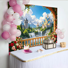 Lofaris Romantischer Märchenschloss-Landschaftsfotohintergrund mit Rosen und Bergen, Kulisse für Fotostudio und Eventdekoration