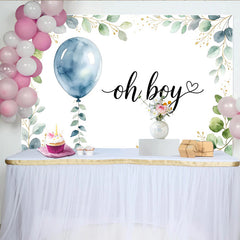 Lofaris Blauer Ballon Eukalyptus Jungen Babyparty Hintergrund Oh Boy, zarte Blätter und goldene Sprenkel Fotowand für Baby Shower Dekoration