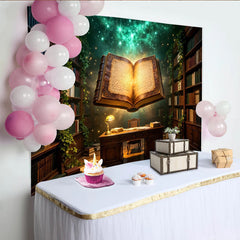 Lofaris Magische Bibliotheks-Hintergrund mit leuchtendem Buch und Sternenhimmel, verzaubernde Kulisse für professionelle Fotografie und Events