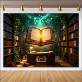 Lofaris Magische Bibliotheks-Hintergrund mit leuchtendem Buch und Sternenhimmel, verzaubernde Kulisse für professionelle Fotografie und Events