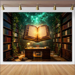 Lofaris Magische Bibliotheks-Hintergrund mit leuchtendem Buch und Sternenhimmel, verzaubernde Kulisse für professionelle Fotografie und Events