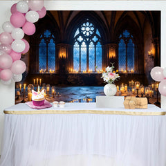 Lofaris Dunkler Mystischer Kirchenfenster Fotohintergrund mit Kerzen und Bögen, elegante Kulisse für professionelle Fotoshootings und Events