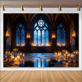 Lofaris Dunkler Mystischer Kirchenfenster Fotohintergrund mit Kerzen und Bögen, elegante Kulisse für professionelle Fotoshootings und Events