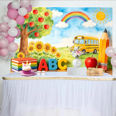 Lofaris Bunter Schulbus ABC Bücher Einschulungshintergrund für Kinder, fröhliche Aquarell Kulisse für Fotostudio-Dekoration