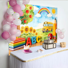 Lofaris Bunter Schulbus ABC Bücher Einschulungshintergrund für Kinder, fröhliche Aquarell Kulisse für Fotostudio-Dekoration