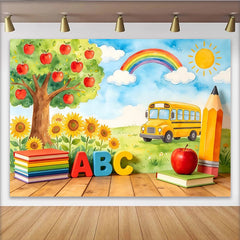 Lofaris Bunter Schulbus ABC Bücher Einschulungshintergrund für Kinder, fröhliche Aquarell Kulisse für Fotostudio-Dekoration