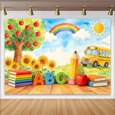 Lofaris Bunter Schul-Fotohintergrund mit ABC und Schulbus, lehrreiche Fotokulisse für Kinder und Einschulungsfeier