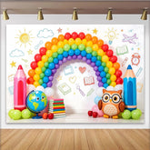 Lofaris Bunter Regenbogen Schul-Fotohintergrund mit Büchern und Bleistiften, fröhliche Lernkulisse für Kinderfotos und Schulanfang