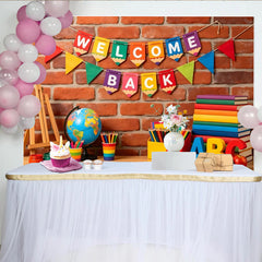 Lofaris Bunter Schulanfangshintergrund mit Welcome Back Banner, Büchern und Stiften, ideale Fotowand für Klassenzimmer und Einschulungsfeier