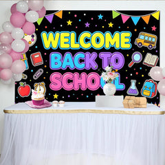Lofaris Bunter Schulanfang Hintergrund mit Schulbus und Willkommen Text, fröhliche Fotowand für Einschulungsfeier und Klassenzimmer