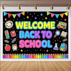 Lofaris Bunter Schulanfang Hintergrund mit Schulbus und Willkommen Text, fröhliche Fotowand für Einschulungsfeier und Klassenzimmer