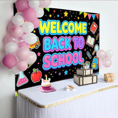 Lofaris Bunter Schulanfangshintergrund mit Schulbus und Büchern, fröhliche Fotowand für Klassenzimmerdekoration und Fotoshooting