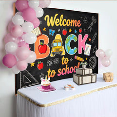 Lofaris Bunter Schulanfangshintergrund mit Tafel Schulbus und Büchern, fröhliche Fotowand für Klassenzimmer und Schulfest Dekoration