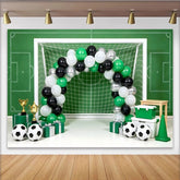 Lofaris Grüner Fußballfeld Geburtstagshintergrund mit Tor und Ballons für Jungen, sportliche Fotowand mit Pokalen und Fußbällen für Party