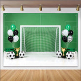 Lofaris Grüner Fußball-Geburtstagshintergrund mit Tor Bällen Pokalen und Ballons, sportliche Fotowand für Kindergeburtstagsdekoration