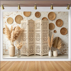 Lofaris Eleganter Boho-Fotohintergrund mit weißer Ziegelwand und Pampasgras, rustikale Kulisse für professionelle Porträtfotografie