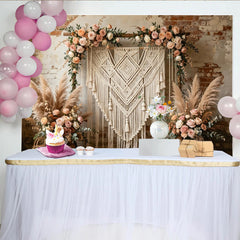 Lofaris Eleganter Boho Makramee Blumen Hintergrund mit Rosen und Pampasgras, rustikale Fotowand für Hochzeiten und Fotoshootings