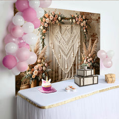 Lofaris Eleganter Boho Makramee Blumen Hintergrund mit Rosen und Pampasgras, rustikale Fotowand für Hochzeiten und Fotoshootings