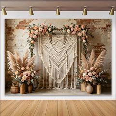 Lofaris Eleganter Boho Makramee Blumen Hintergrund mit Rosen und Pampasgras, rustikale Fotowand für Hochzeiten und Fotoshootings