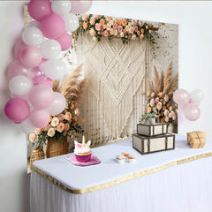 Lofaris Boho Makramee Blumen Fotohintergrund mit Pampasgras und Rosen, elegante Kulisse für Hochzeiten und Babypartys