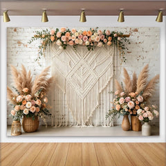 Lofaris Boho Makramee Blumen Fotohintergrund mit Pampasgras und Rosen, elegante Kulisse für Hochzeiten und Babypartys