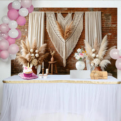 Lofaris Rustikaler Boho Herbst Fotohintergrund mit Pampasgras und Ziegelwand, elegante Kulisse für Fotoshooting und Dekoration
