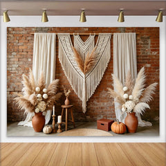 Lofaris Rustikaler Boho Herbst Fotohintergrund mit Pampasgras und Ziegelwand, elegante Kulisse für Fotoshooting und Dekoration