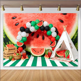 Lofaris Sommerlicher Wassermelonen-Geburtstagshintergrund mit bunten Luftballons, fröhliche Fotowand für Kinderparty und Fotoshooting
