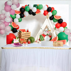 Lofaris Wassermelonen-Geburtstagshintergrund mit bunten Luftballons und Zelt, fröhliche Sommerparty Fotowand für Kinderfotos