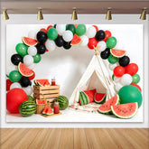 Lofaris Wassermelonen-Geburtstagshintergrund mit bunten Luftballons und Zelt, fröhliche Sommerparty Fotowand für Kinderfotos