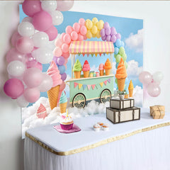 Lofaris Pastellfarbener Eiswagen Hintergrund mit Regenbogenballons und Wolken, süße Fotokulisse für Kindergeburtstag und Fotoshooting