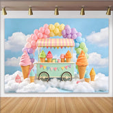 Lofaris Pastellfarbener Eiswagen Hintergrund mit Regenbogenballons und Wolken, süße Fotokulisse für Kindergeburtstag und Fotoshooting