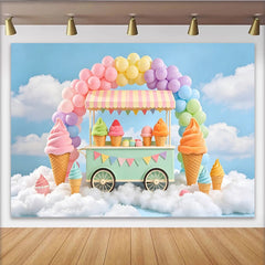 Lofaris Pastellfarbener Eiswagen Hintergrund mit Regenbogenballons und Wolken, süße Fotokulisse für Kindergeburtstag und Fotoshooting