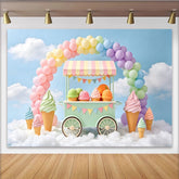 Lofaris Pastellfarbener Eiswagen Regenbogen Fotohintergrund für Kinderparty, süße Kulisse mit Luftballons und Wolken für Fotoshooting