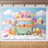 Lofaris Pastellfarbener Eiswagen Geburtstagshintergrund mit Luftballons, süße Partydekoration für Kinderfotoshooting