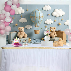 Lofaris Hellblauer Teddybär Heißluftballon Babyparty Hintergrund mit Wolken und Sternen, verträumte Kulisse für Babyparty Dekoration