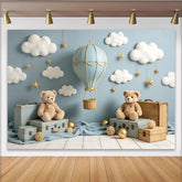 Lofaris Hellblauer Teddybär Heißluftballon Babyparty Hintergrund mit Wolken und Sternen, verträumte Kulisse für Babyparty Dekoration