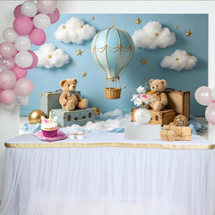 Lofaris Hellblauer Heißluftballon Babyparty Hintergrund mit Wolken Sternen, niedliche Teddybären Kulisse für Fotoshooting Babyzimmer Dekoration