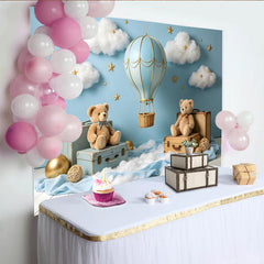 Lofaris Hellblauer Heißluftballon Babyparty Hintergrund mit Wolken Sternen, niedliche Teddybären Kulisse für Fotoshooting Babyzimmer Dekoration
