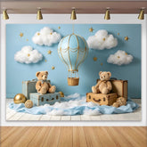 Lofaris Hellblauer Heißluftballon Babyparty Hintergrund mit Wolken Sternen, niedliche Teddybären Kulisse für Fotoshooting Babyzimmer Dekoration