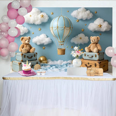 Lofaris Blauer Heißluftballon Babyparty Hintergrund mit Wolken und Sternen, süße Fotokulisse für Baby Jungen Fotoshooting