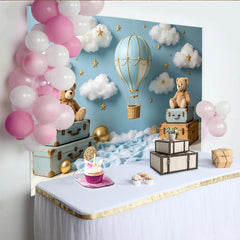 Lofaris Blauer Heißluftballon Babyparty Hintergrund mit Wolken und Sternen, süße Fotokulisse für Baby Jungen Fotoshooting
