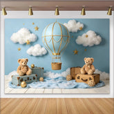 Lofaris Hellblauer Heißluftballon Babyparty Hintergrund mit Wolken und Sternen, verträumte Fotokulisse für Neugeborenen-Fotoshooting