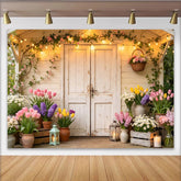 Lofaris Idyllischer Frühlingslandschaft Hintergrund mit Blumen und rustikaler Tür, perfekte Kulisse für professionelles Fotostudio