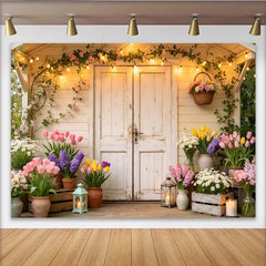 Lofaris Idyllischer Frühlingslandschaft Hintergrund mit Blumen und rustikaler Tür, perfekte Kulisse für professionelles Fotostudio