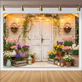 Lofaris Idyllischer Frühlingsgarten Fotohintergrund mit bunten Blumen, rustikale Fotowand für Fotoshooting und Dekoration